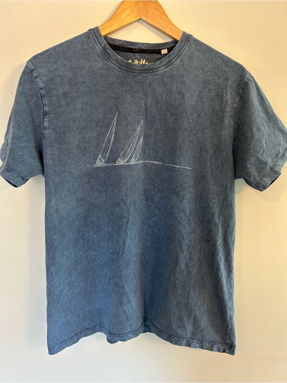 Vintage Sailboat Graphic Blue Acid Washed Short Sleeve Tee L Sailor Coastal